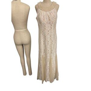 R and M Richards Womens Sleeveless Lace Gown With Pearl Embellished Collar Size